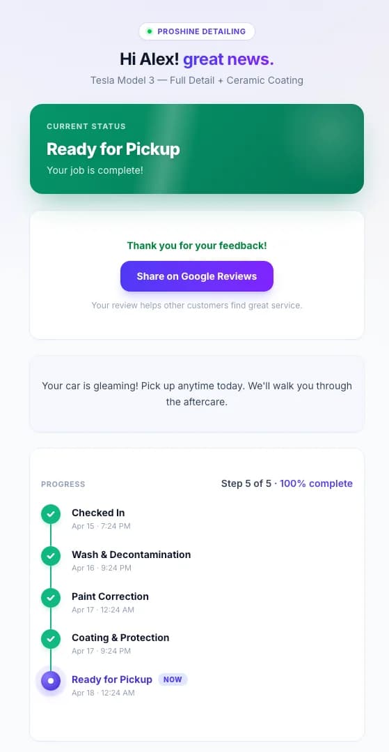 FixyFlow live tracking page showing a completed Tesla Model 3 detail job, with a Share on Google Reviews call to action and full status timeline