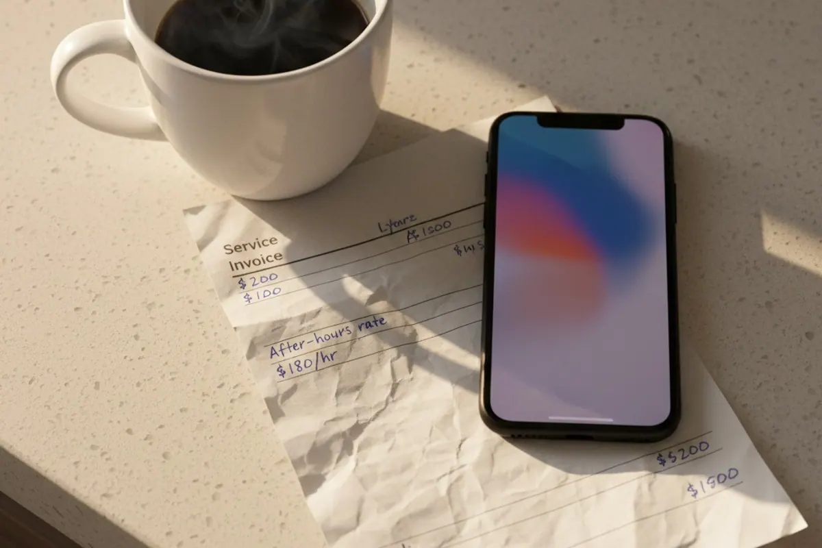 Top-down view of a handwritten paper service invoice on a kitchen counter with a coffee mug and smartphone, showing 'After-hours rate $180/hr' and other line items in blue pen - the morning-after invoice review that triggers most after-hours pricing complaints.