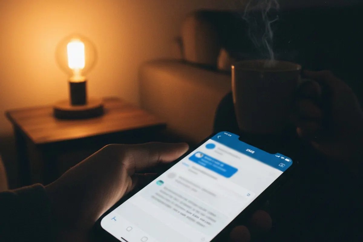 Homeowner holding a smartphone in a dim living room at night, reading an SMS conversation with a service provider while holding a coffee mug, warm lamp light in the background - the rate-confirm text exchange that prevents bill-shock complaints after the truck rolls.