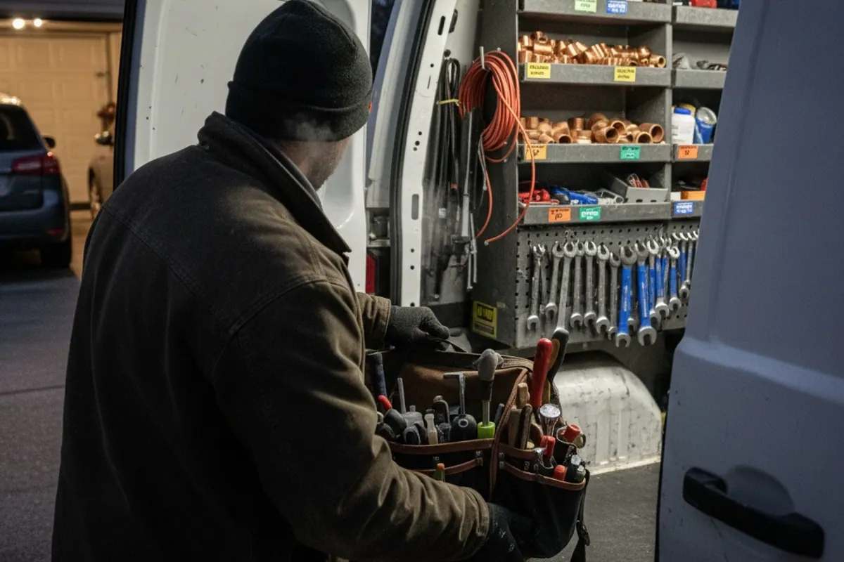 Service tradesperson in a dark canvas jacket loading a tool bag into a van at night, breath visible in the cold air, copper pipe fittings and wrenches lined up on the van shelving behind them - the kind of disrupted evening that after-hours pricing is meant to compensate for.