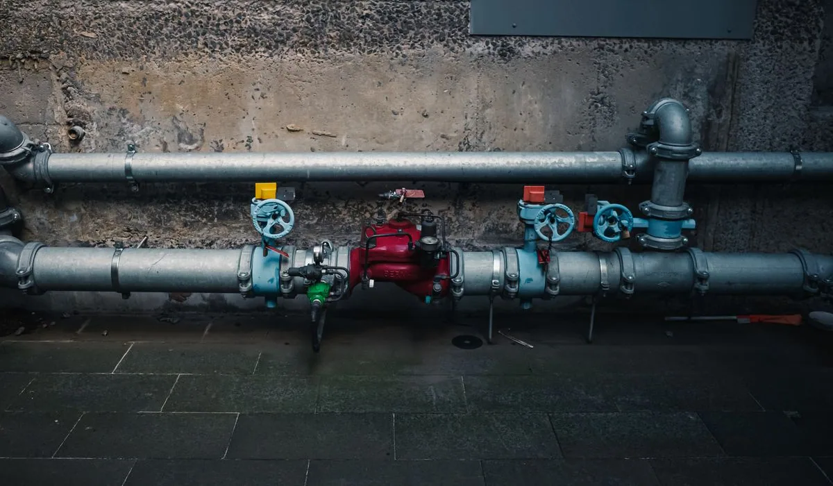 A backflow prevention assembly with test cocks and shut-off valves on a commercial water line
