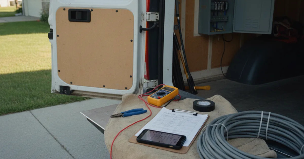 An electrician works inside an open residential electrical panel with a phone resting on a toolbox nearby.