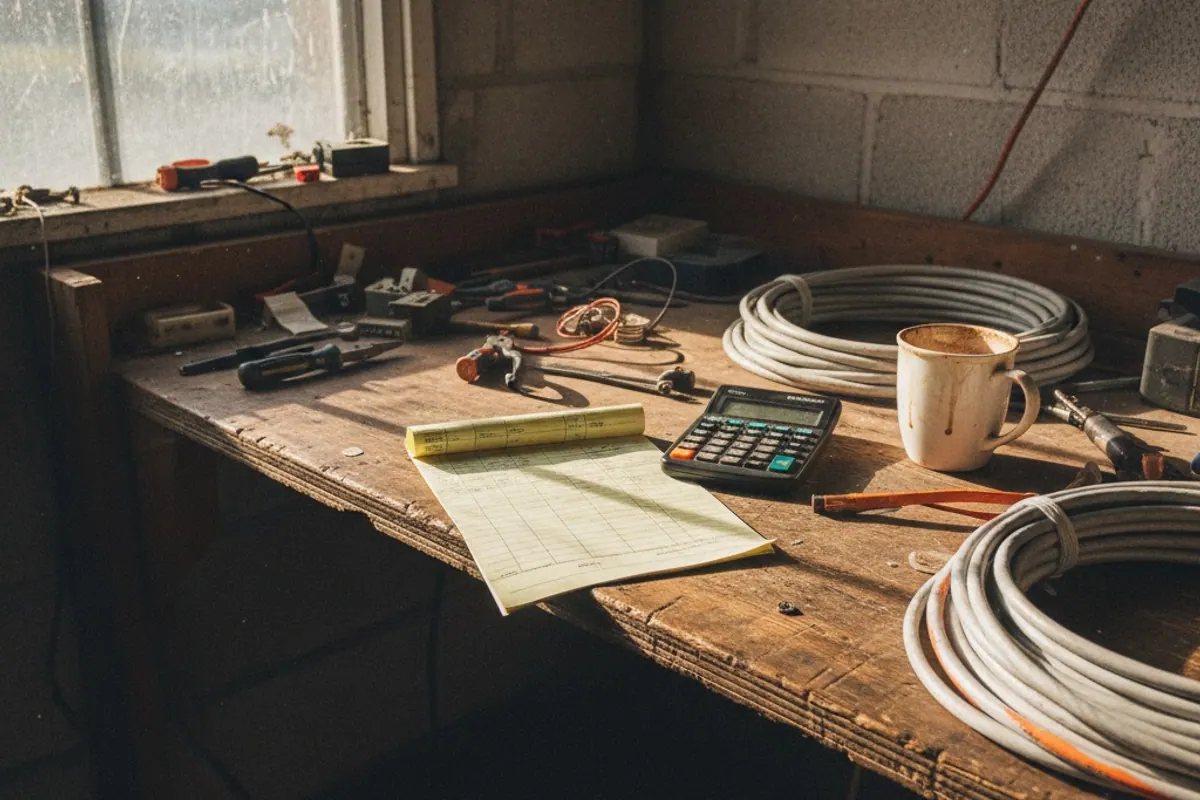 A workbench in a small electrical shop with an invoice pad, calculator and coils of cable