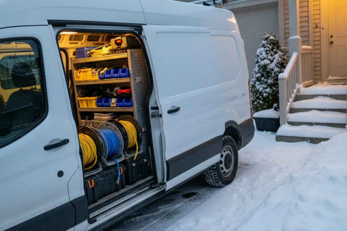 An electrical contractor's work van with the side door open in a snowy Ontario driveway at dusk