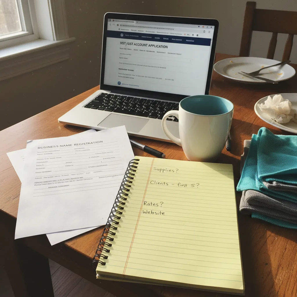 An Ontario cleaner's kitchen table with business registration forms, an HST application open on a laptop, and folded microfibre cloths off to one side.