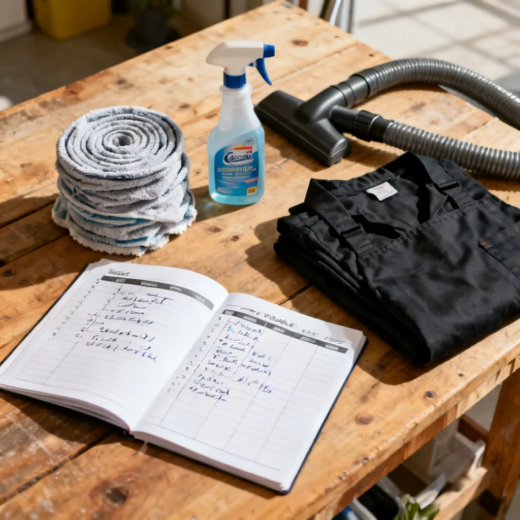 Cleaning supplies and a planner on a workbench - the unglamorous setup that actually wins the first six months.