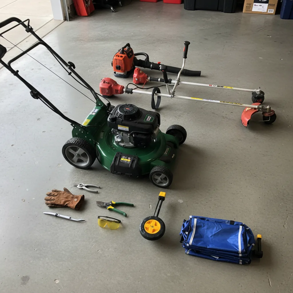 A starter landscape equipment kit laid out neatly: walk-behind mower, trimmer, blower, edger, hand tools.