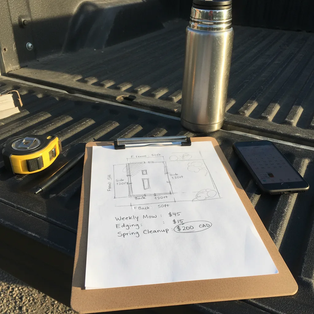 A clipboard with a hand-written landscaping estimate showing weekly mow and spring cleanup pricing in Canadian dollars.