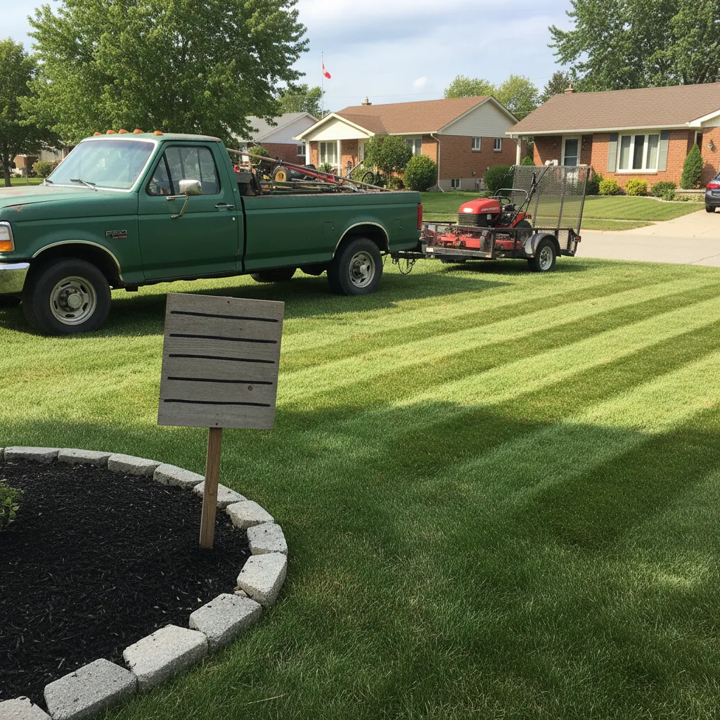 A landscaper's truck parked in front of a newly mowed residential lawn with neat grass stripes and edged mulch beds.