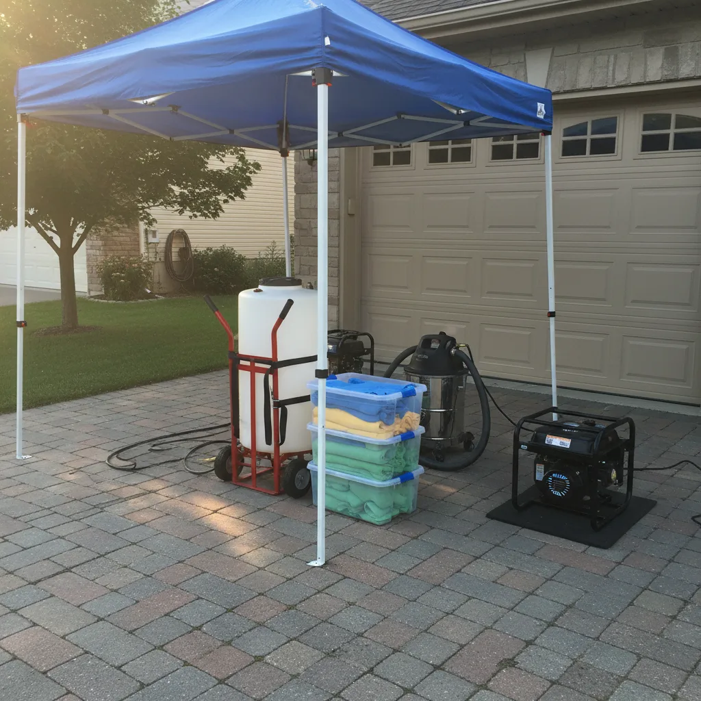 A mobile detailer's setup on a residential driveway with portable water tank, vacuum, and microfiber bins.