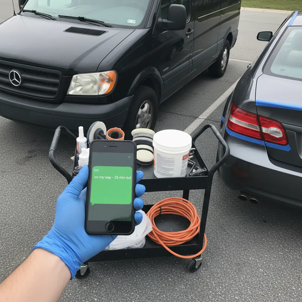 A mobile detailer's phone showing a sent on-my-way SMS to a customer, with detailing equipment in the background.