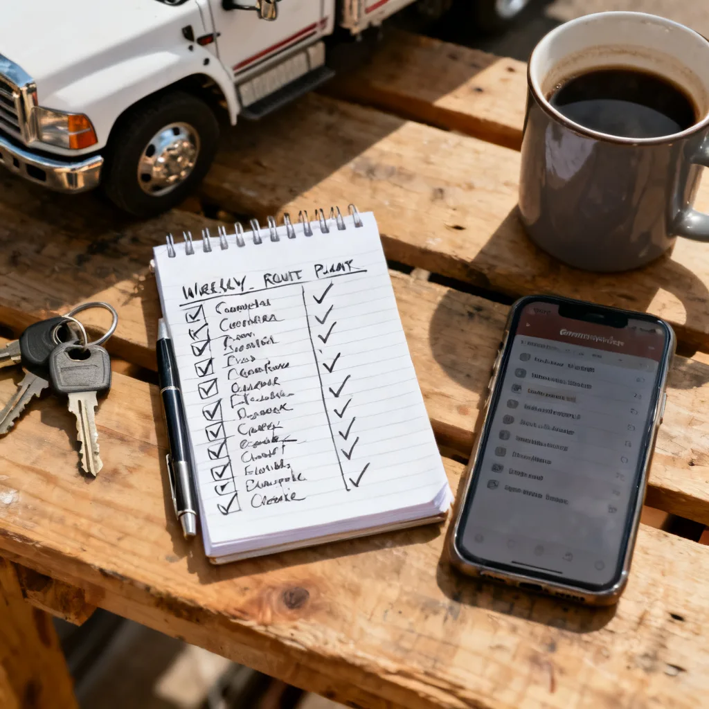 A hand-drawn route plan on a notebook page next to a phone showing a confirmed-stops list.