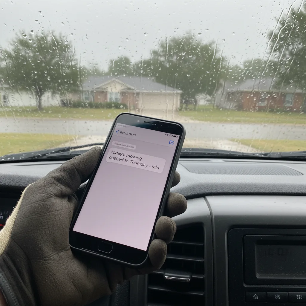 A landscaper's phone showing a sent batch SMS rescheduling the day's mowing to the next day due to rain.
