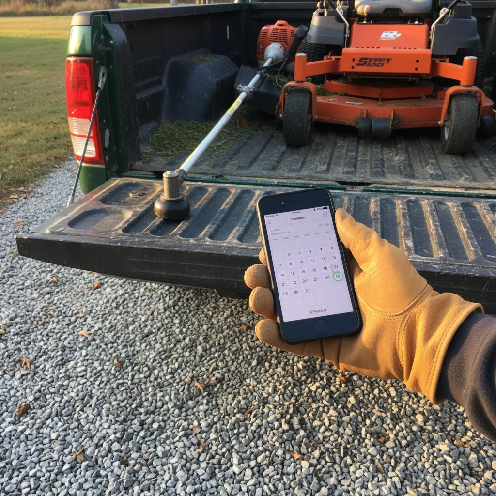 A solo landscaper checking the day's stops on a phone in front of a loaded truck.