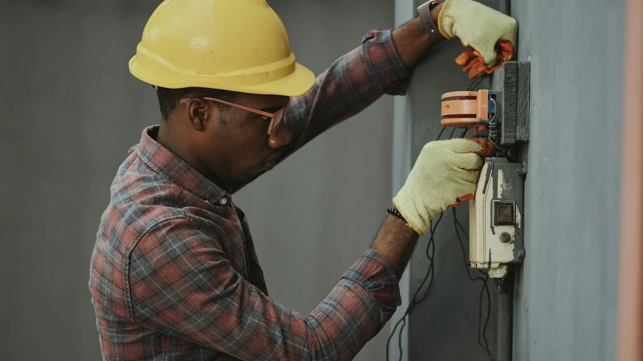 A worker in a yellow hard hat and work gloves reaches up to service wiring on a wall-mounted electrical panel.
