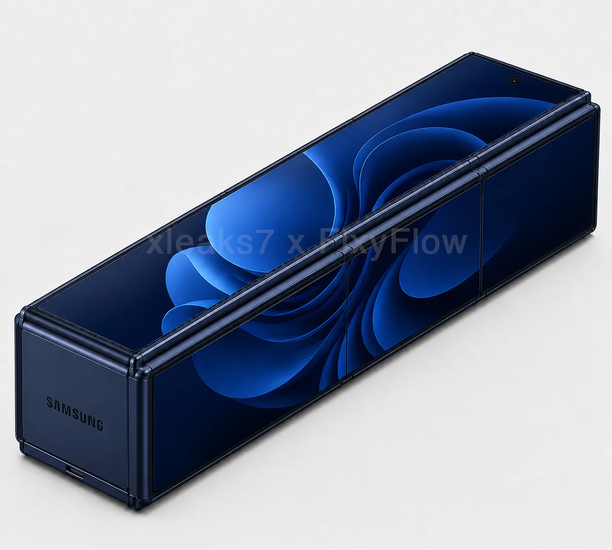 Samsung foldable and rollable brick smartphone shown as a long rectangular block, blue render based on the Samsung patent