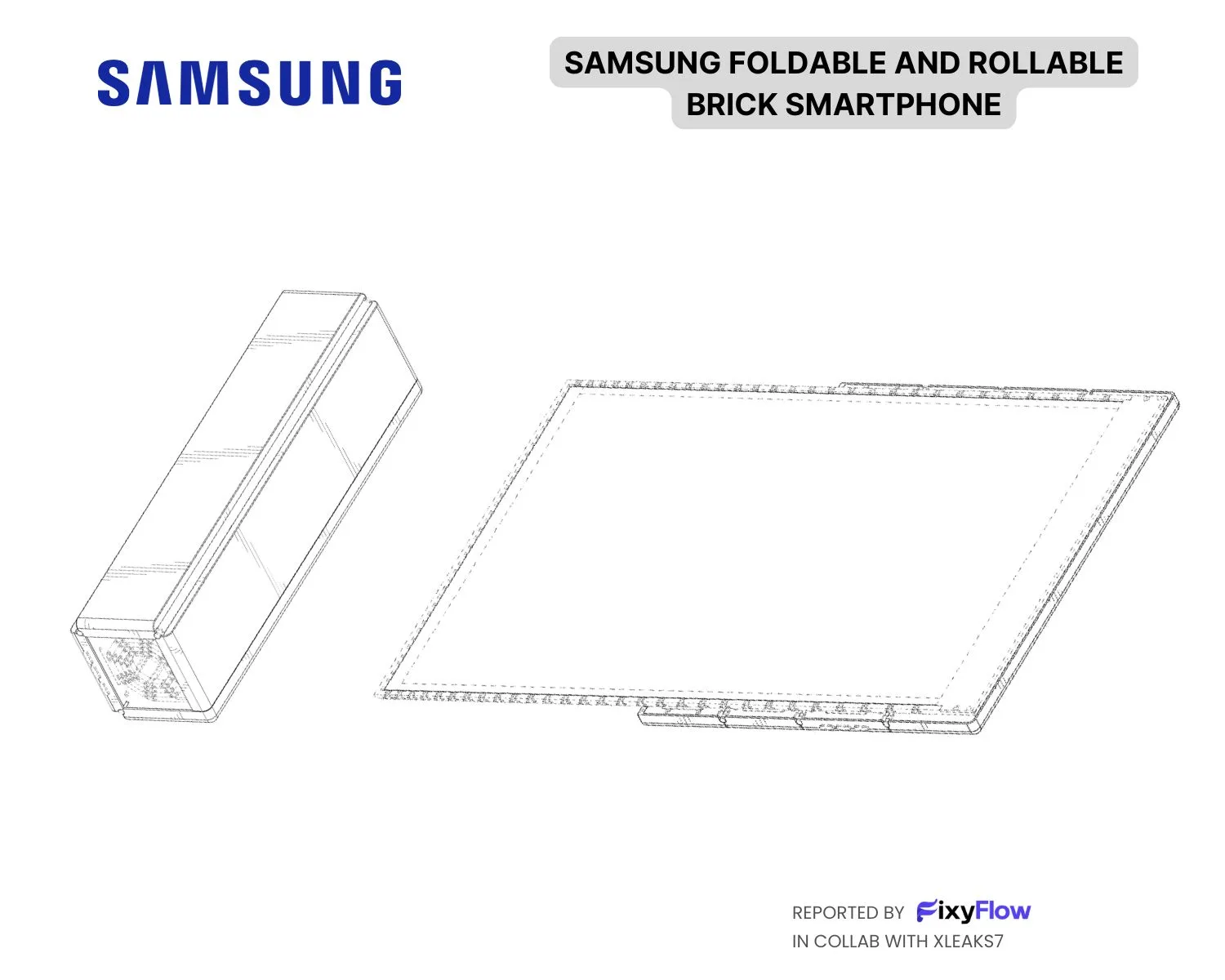 Patent line drawings of the Samsung brick smartphone in folded form next to its larger unfolded and extended display
