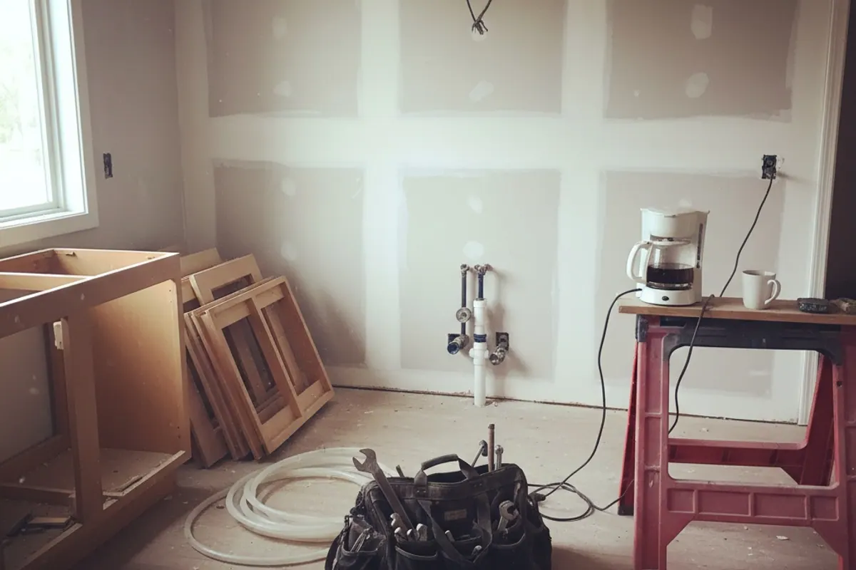 A half-finished kitchen renovation in a family home with a plumber's tool bag on the subfloor