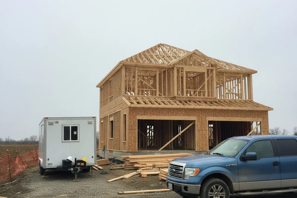 A framed house on a residential construction site in Ontario with a site trailer and a subcontractor's pickup