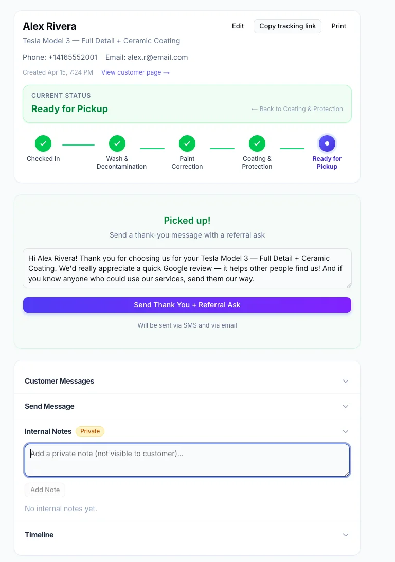 FixyFlow job detail page — progress timeline, thank-you message, internal notes