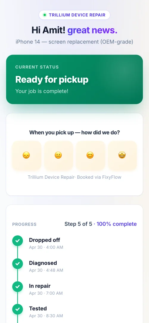 FixyFlow customer page — live status and progress