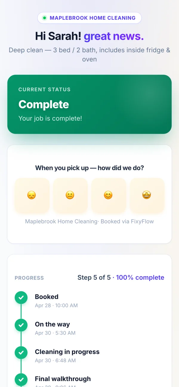 FixyFlow customer page — cleaning service