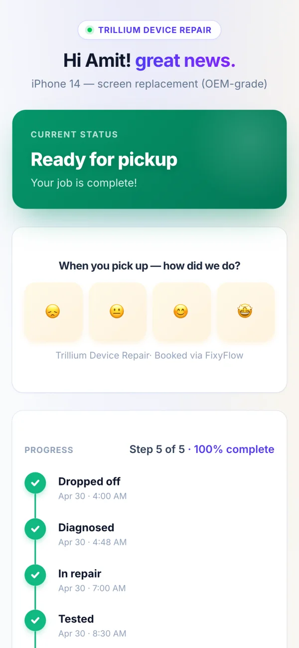FixyFlow customer page — phone repair shop